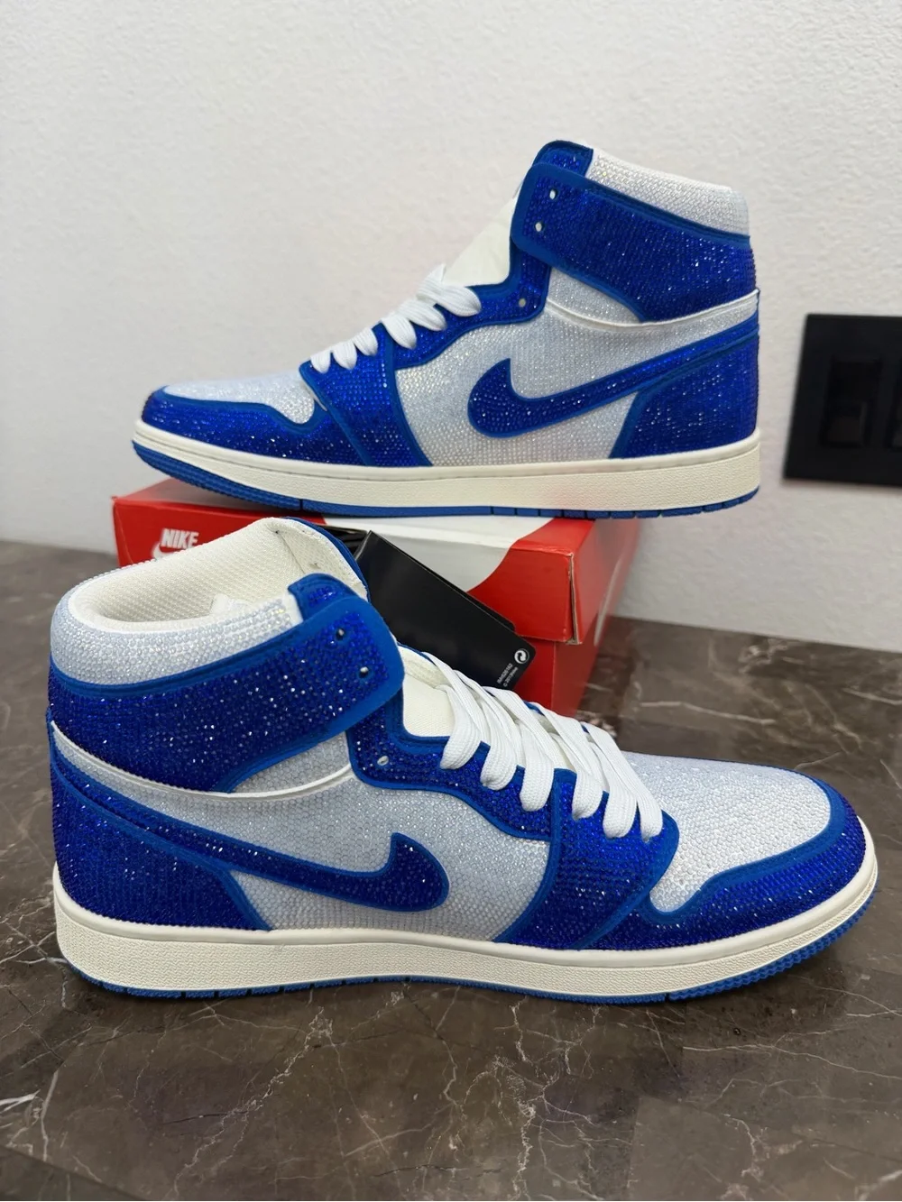 Nike Air Jordan 1, Mens Size 11, Custom White & Blue Crystals, 11 inch insole